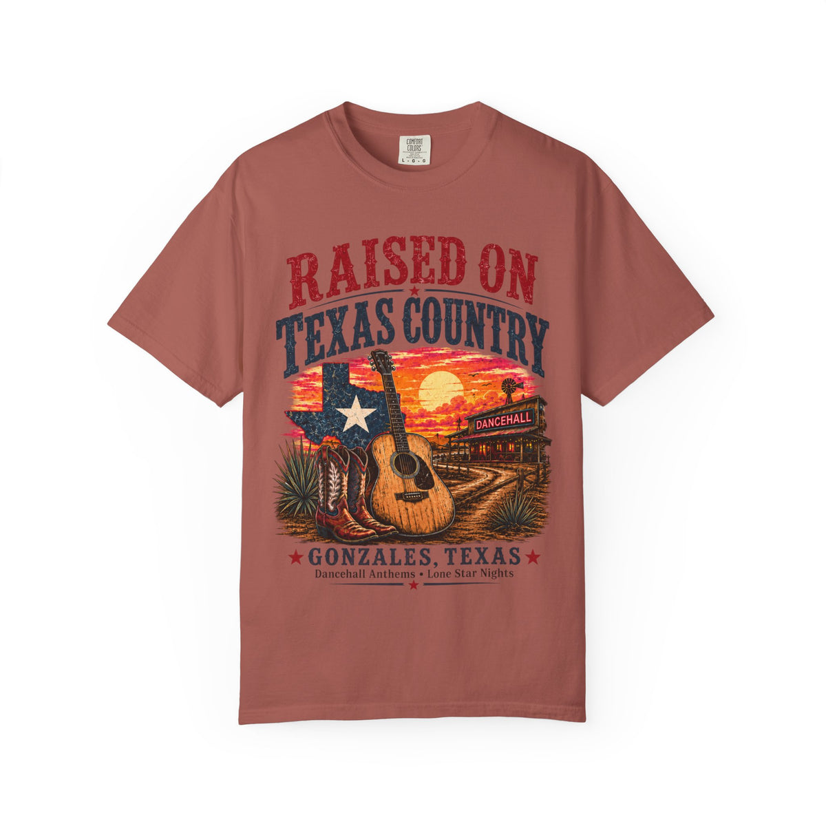 Raised on Texas Country T-Shirt — Gonzales TX Vintage Guitar Sunset Tee
