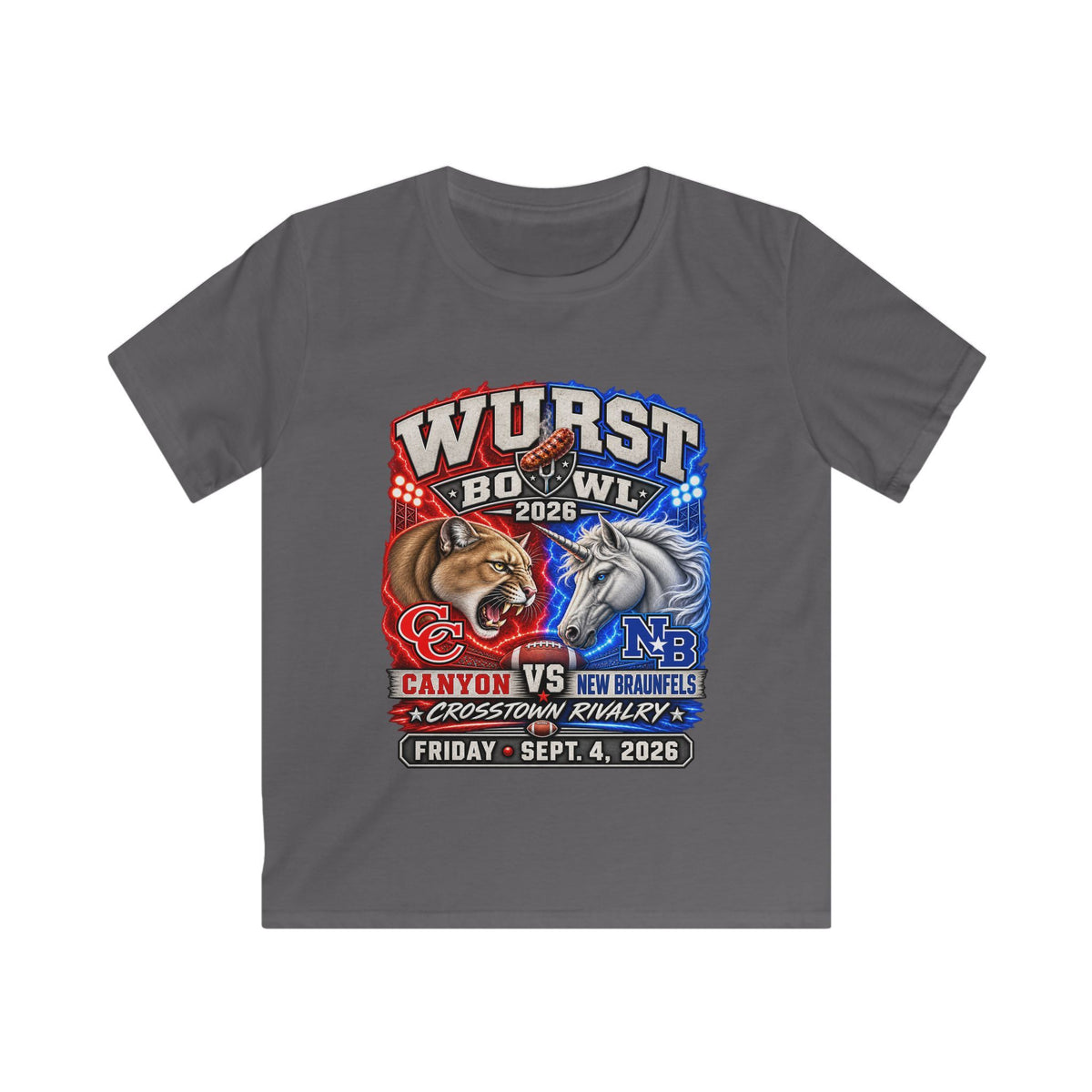 Kids Rivalry Football Tee — Canyon vs New Braunfels ‘Wurst Bowl’ 2026 Game Day Shirt