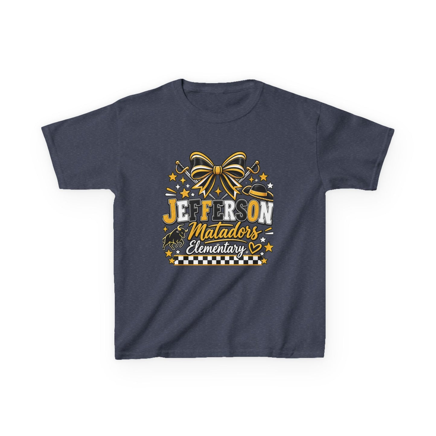 Jefferson Matadors Elementary Kids T-Shirt — School Spirit Bow & Mascot Tee