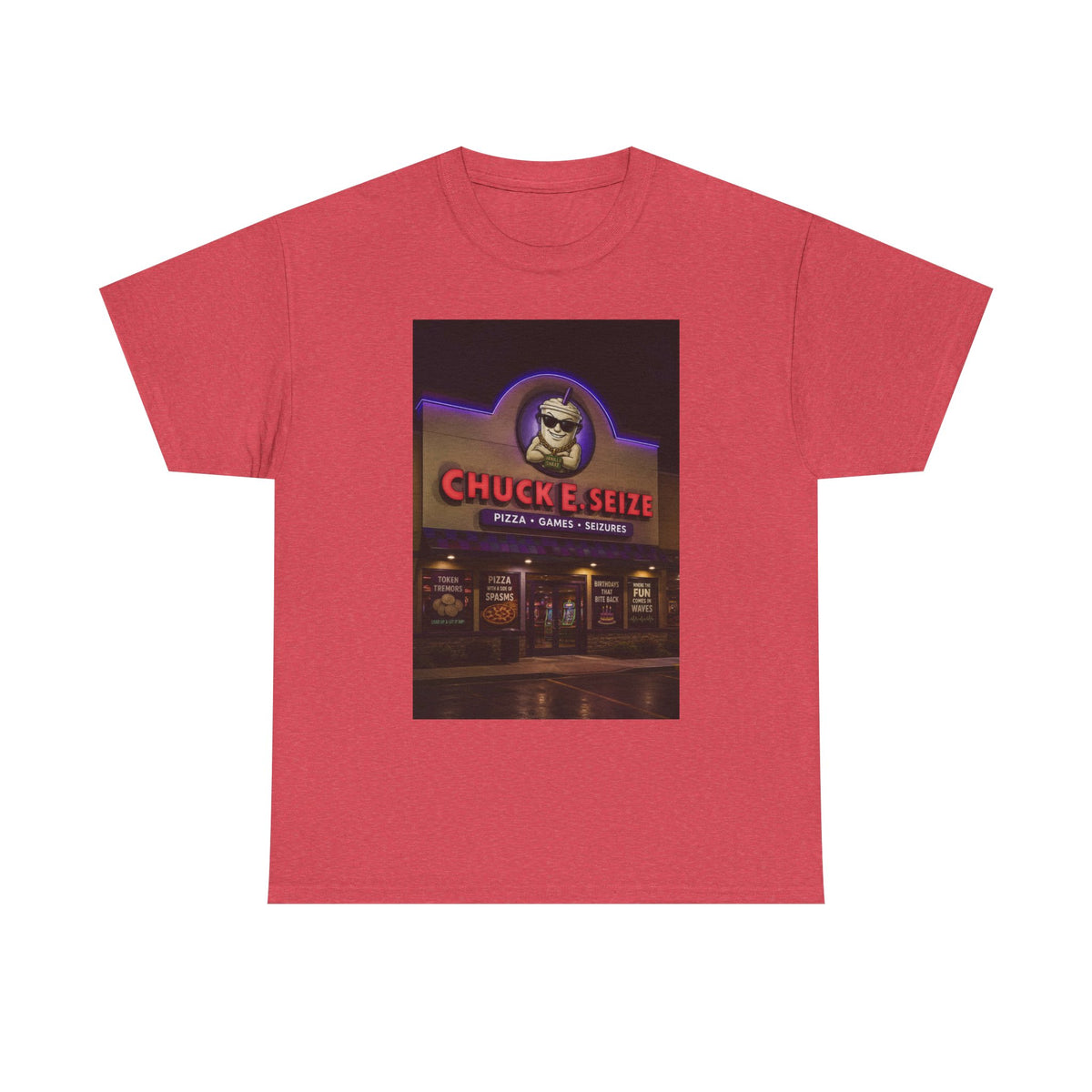 Chuck E Seize Neon Sign T-Shirt — Retro Arcade Pizza Parody Tee