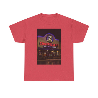 Chuck E Seize Neon Sign T-Shirt — Retro Arcade Pizza Parody Tee
