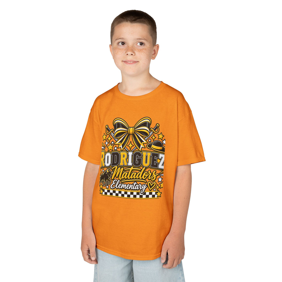 Rodriguez Matadors Elementary Kids T‑Shirt — School Spirit Bow & Mascot Tee