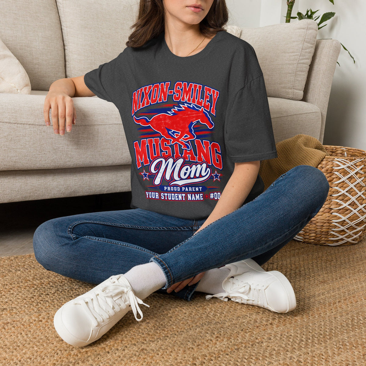 Mustang Mom T‑Shirt — Nixon‑Smiley School Spirit Tee (Customizable Student Name)
