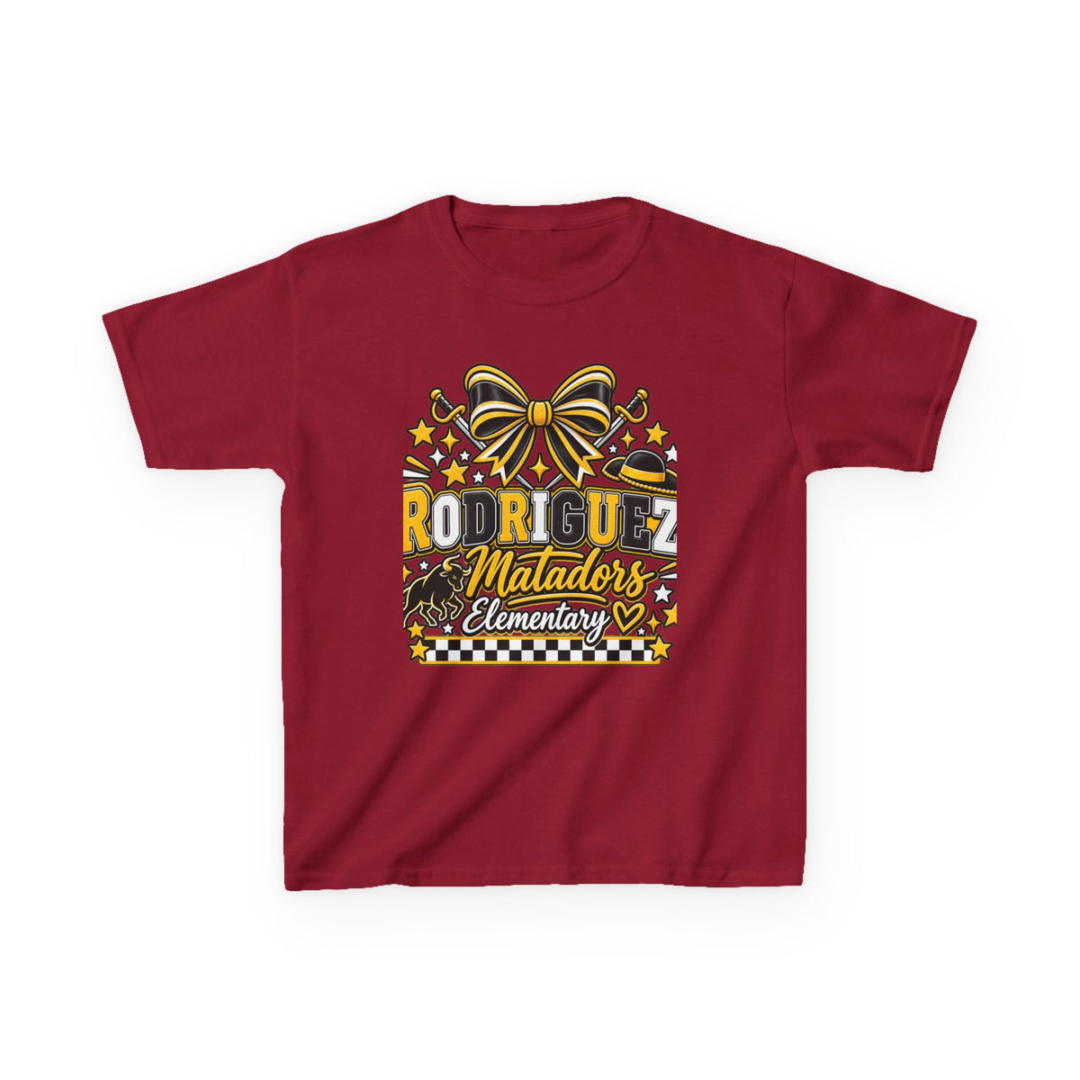 Rodriguez Matadors Elementary Kids T‑Shirt — School Spirit Bow & Mascot Tee