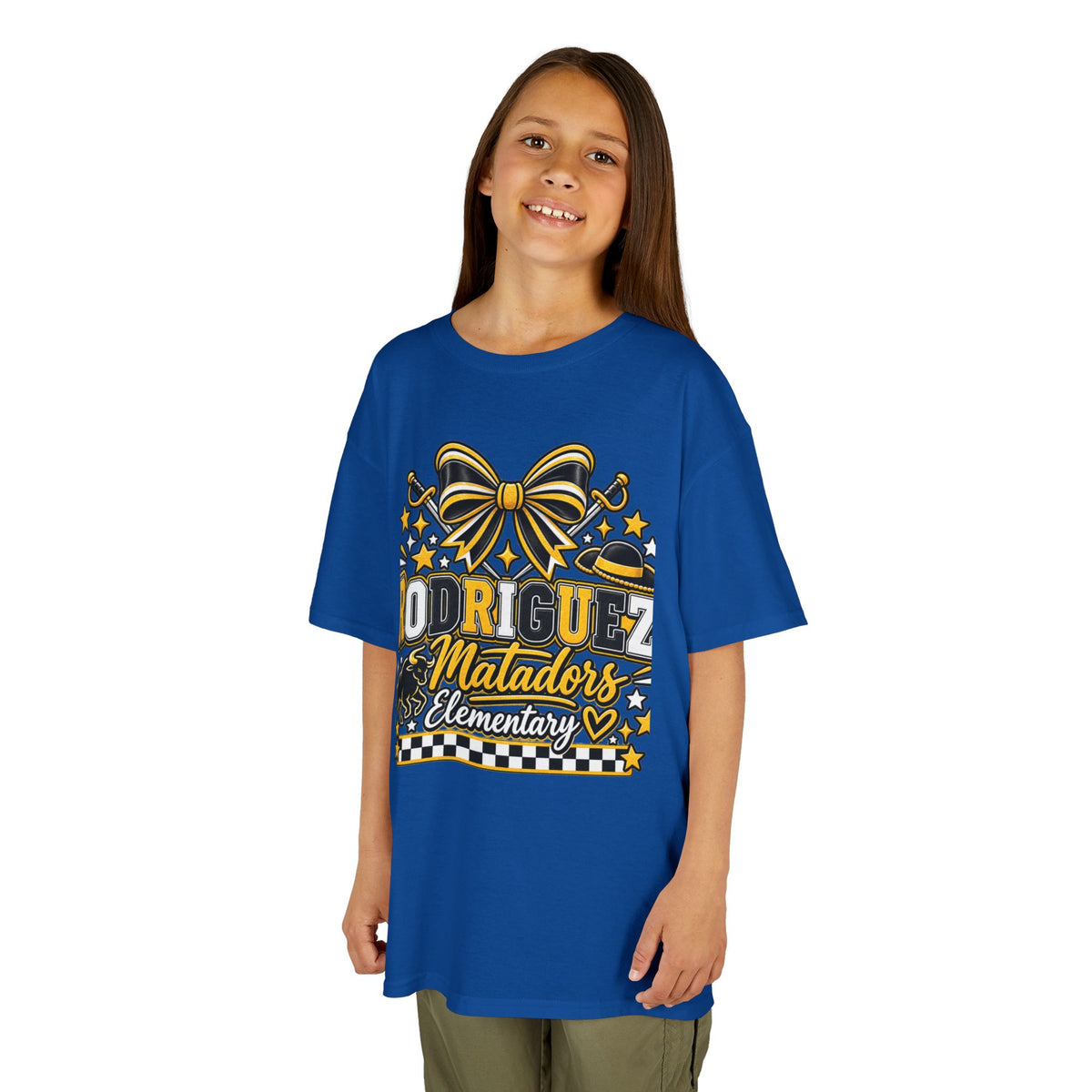 Rodriguez Matadors Elementary Kids T‑Shirt — School Spirit Bow & Mascot Tee