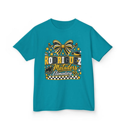 Rodriguez Matadors Elementary Kids T‑Shirt — School Spirit Bow & Mascot Tee