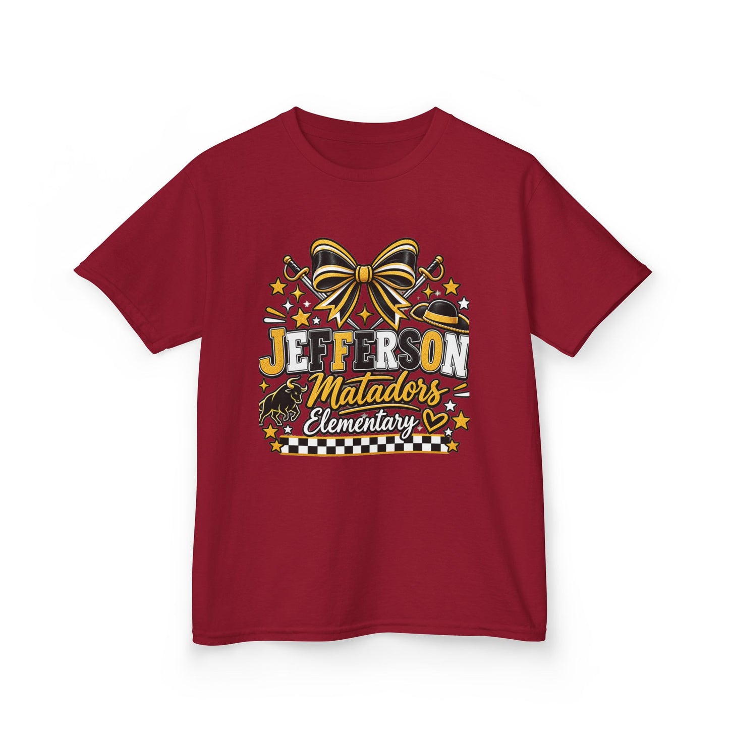 Jefferson Matadors Elementary Kids T-Shirt — School Spirit Bow & Mascot Tee