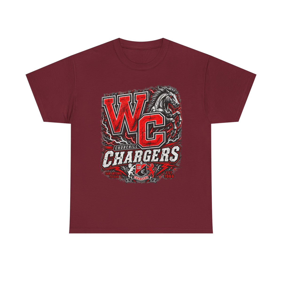 Chargers WC Mascot T-Shirt — Bold Red & Black School Spirit Tee