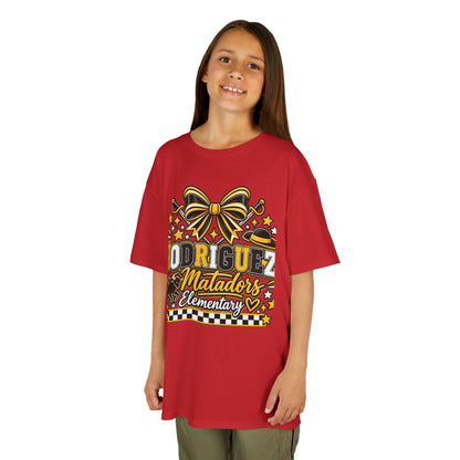Rodriguez Matadors Elementary Kids T‑Shirt — School Spirit Bow & Mascot Tee