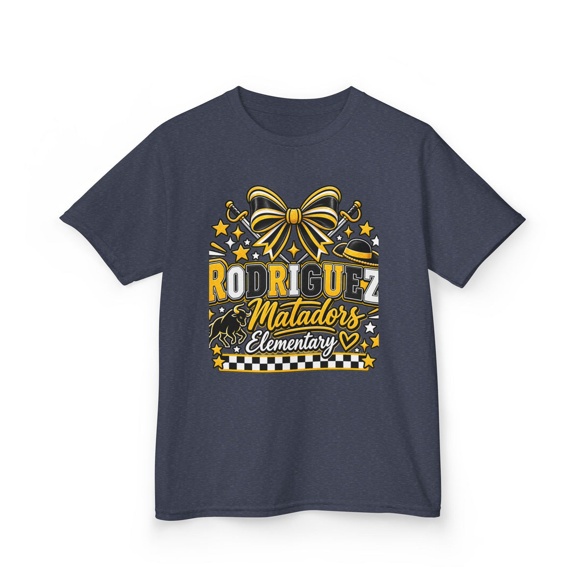 Rodriguez Matadors Elementary Kids T‑Shirt — School Spirit Bow & Mascot Tee