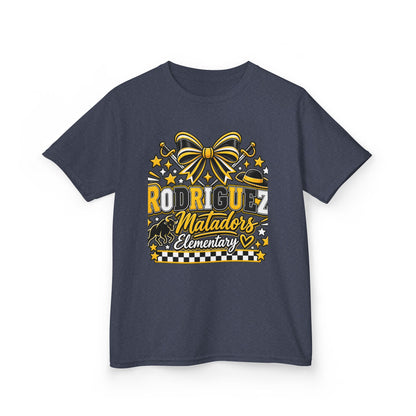 Rodriguez Matadors Elementary Kids T‑Shirt — School Spirit Bow & Mascot Tee