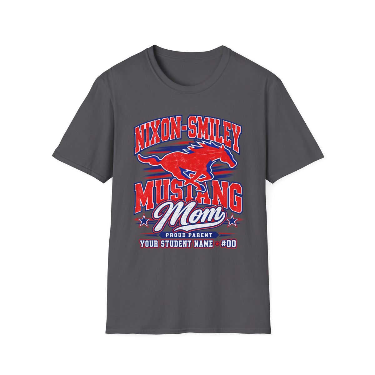 Mustang Mom T‑Shirt — Nixon‑Smiley School Spirit Tee (Customizable Student Name)