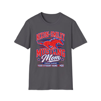 Mustang Mom T‑Shirt — Nixon‑Smiley School Spirit Tee (Customizable Student Name)