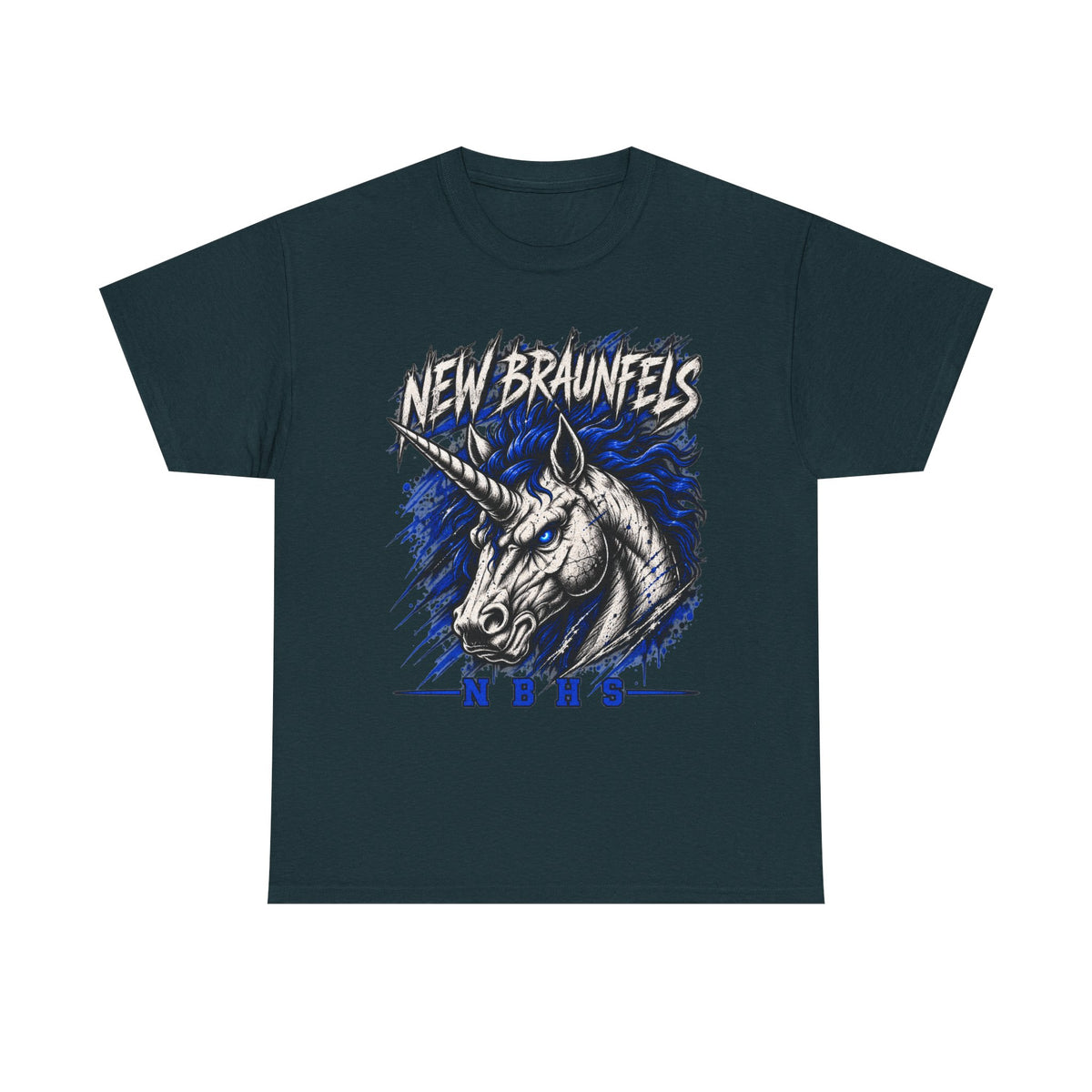 New Braunfels Unicorn Graphic Tee — Bold Blue Mythical Horse Shirt