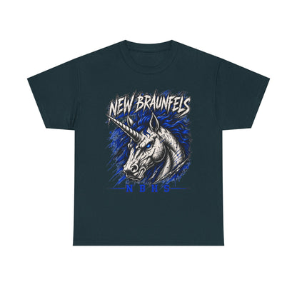New Braunfels Unicorn Graphic Tee — Bold Blue Mythical Horse Shirt