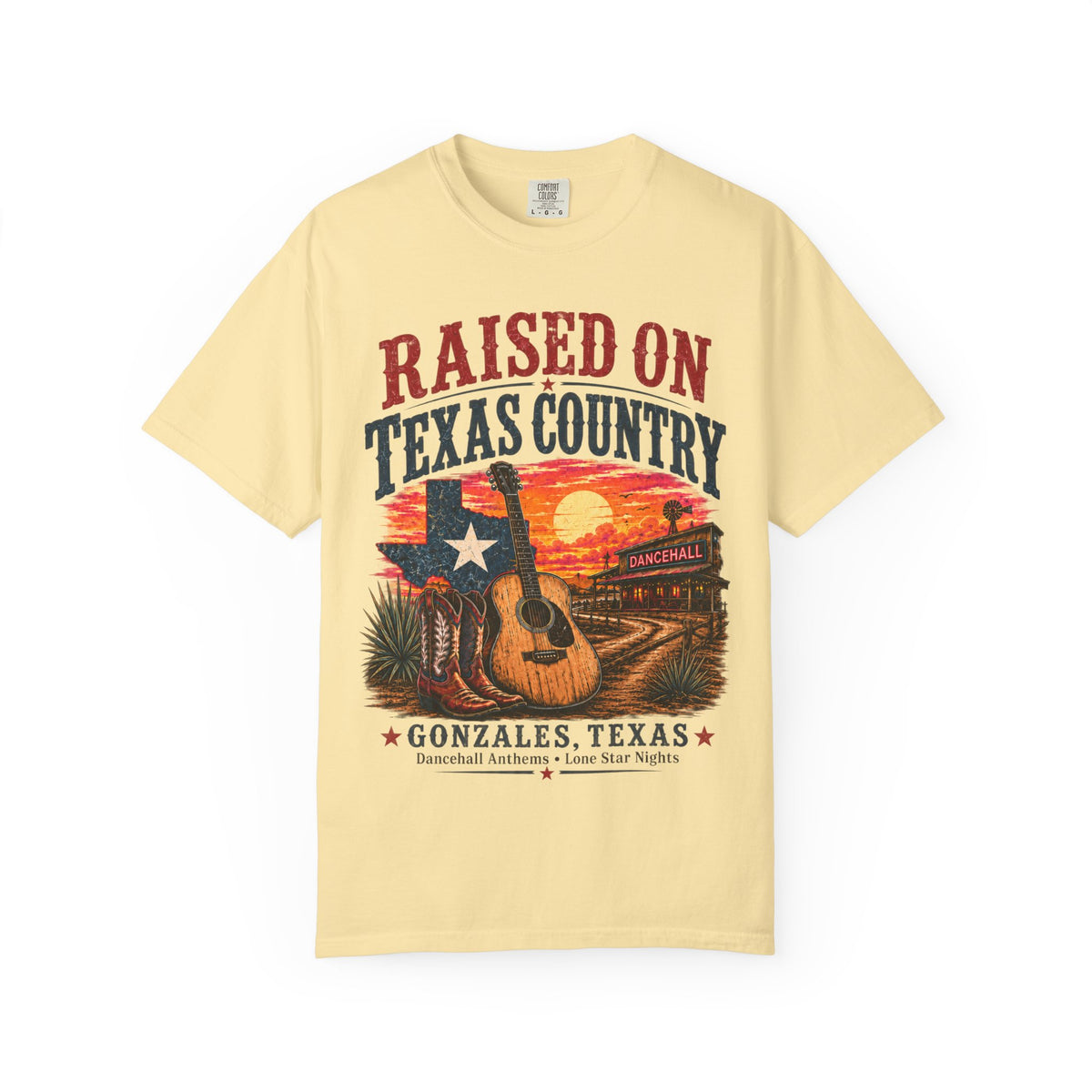 Raised on Texas Country T-Shirt — Gonzales TX Vintage Guitar Sunset Tee