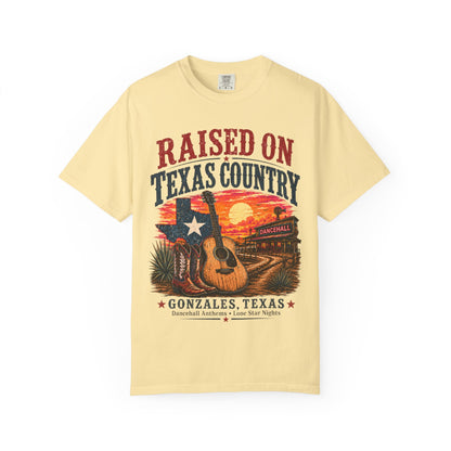 Raised on Texas Country T-Shirt — Gonzales TX Vintage Guitar Sunset Tee