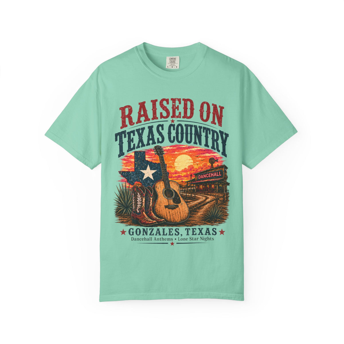 Raised on Texas Country T-Shirt — Gonzales TX Vintage Guitar Sunset Tee