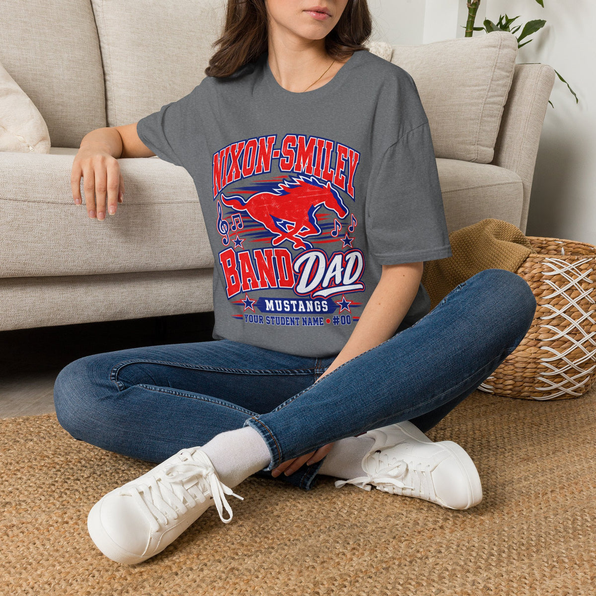 Nixon-Smiley Mustangs Band T-Shirt — Vintage Red Mustang Music Design