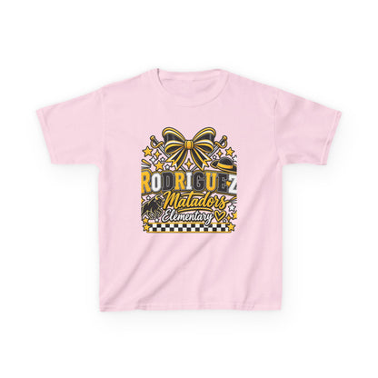 Rodriguez Matadors Elementary Kids T‑Shirt — School Spirit Bow & Mascot Tee