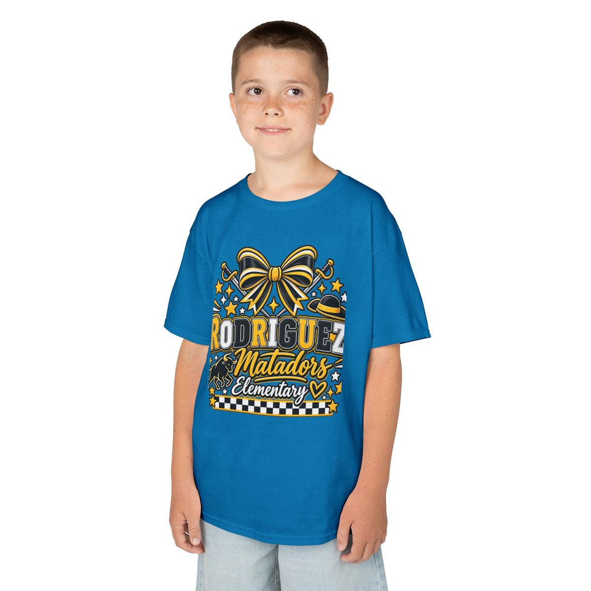 Rodriguez Matadors Elementary Kids T‑Shirt — School Spirit Bow & Mascot Tee