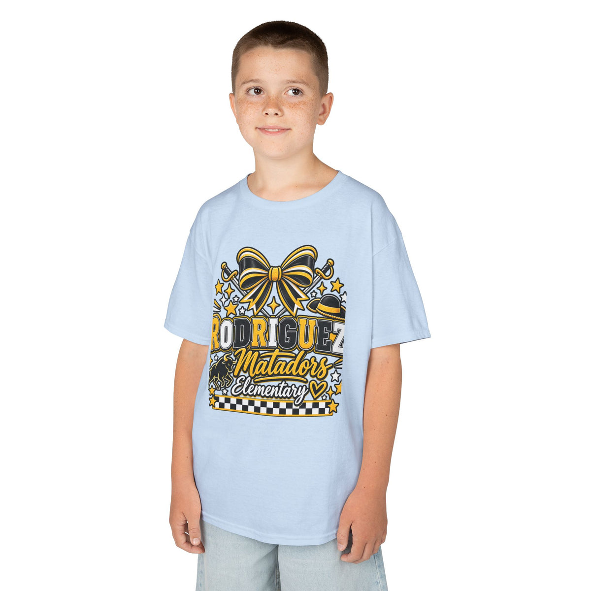 Rodriguez Matadors Elementary Kids T‑Shirt — School Spirit Bow & Mascot Tee