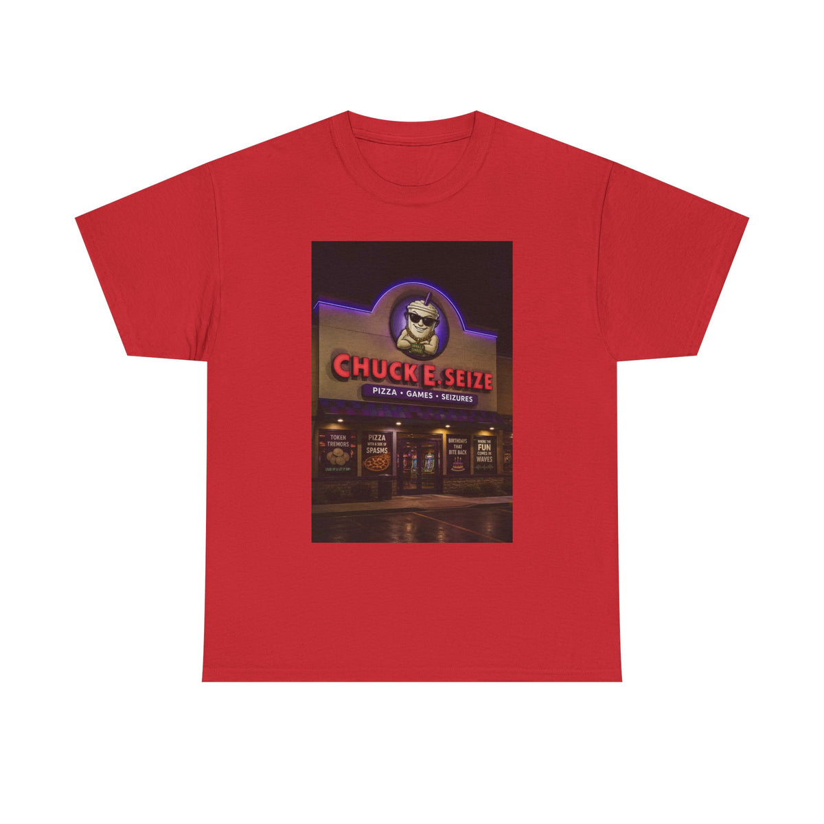 Chuck E Seize Neon Sign T-Shirt — Retro Arcade Pizza Parody Tee