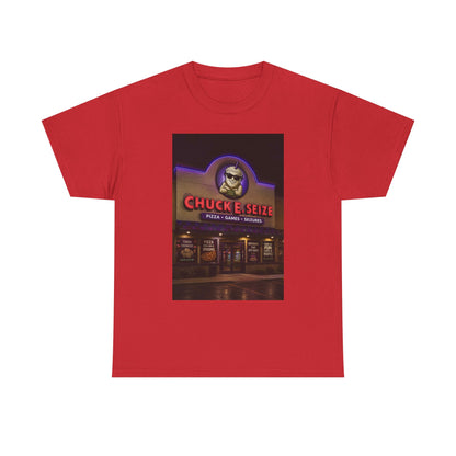 Chuck E Seize Neon Sign T-Shirt — Retro Arcade Pizza Parody Tee
