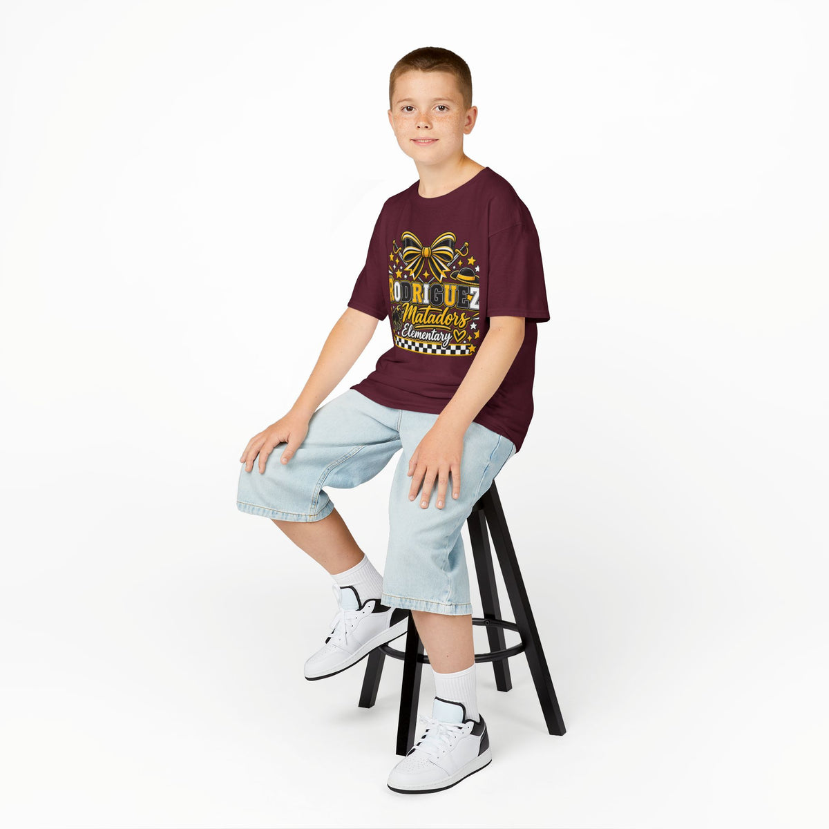 Rodriguez Matadors Elementary Kids T‑Shirt — School Spirit Bow & Mascot Tee