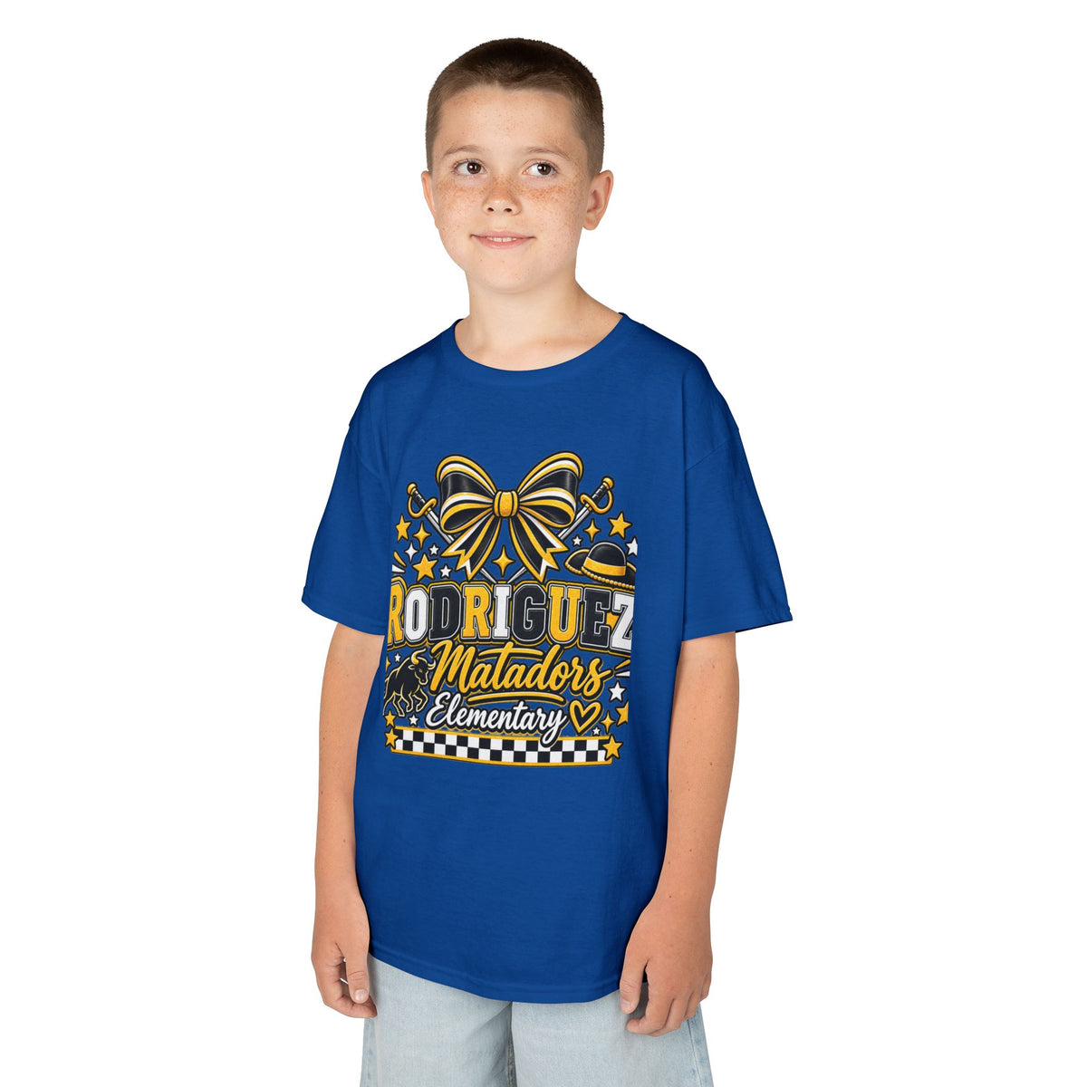 Rodriguez Matadors Elementary Kids T‑Shirt — School Spirit Bow & Mascot Tee