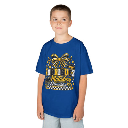 Rodriguez Matadors Elementary Kids T‑Shirt — School Spirit Bow & Mascot Tee