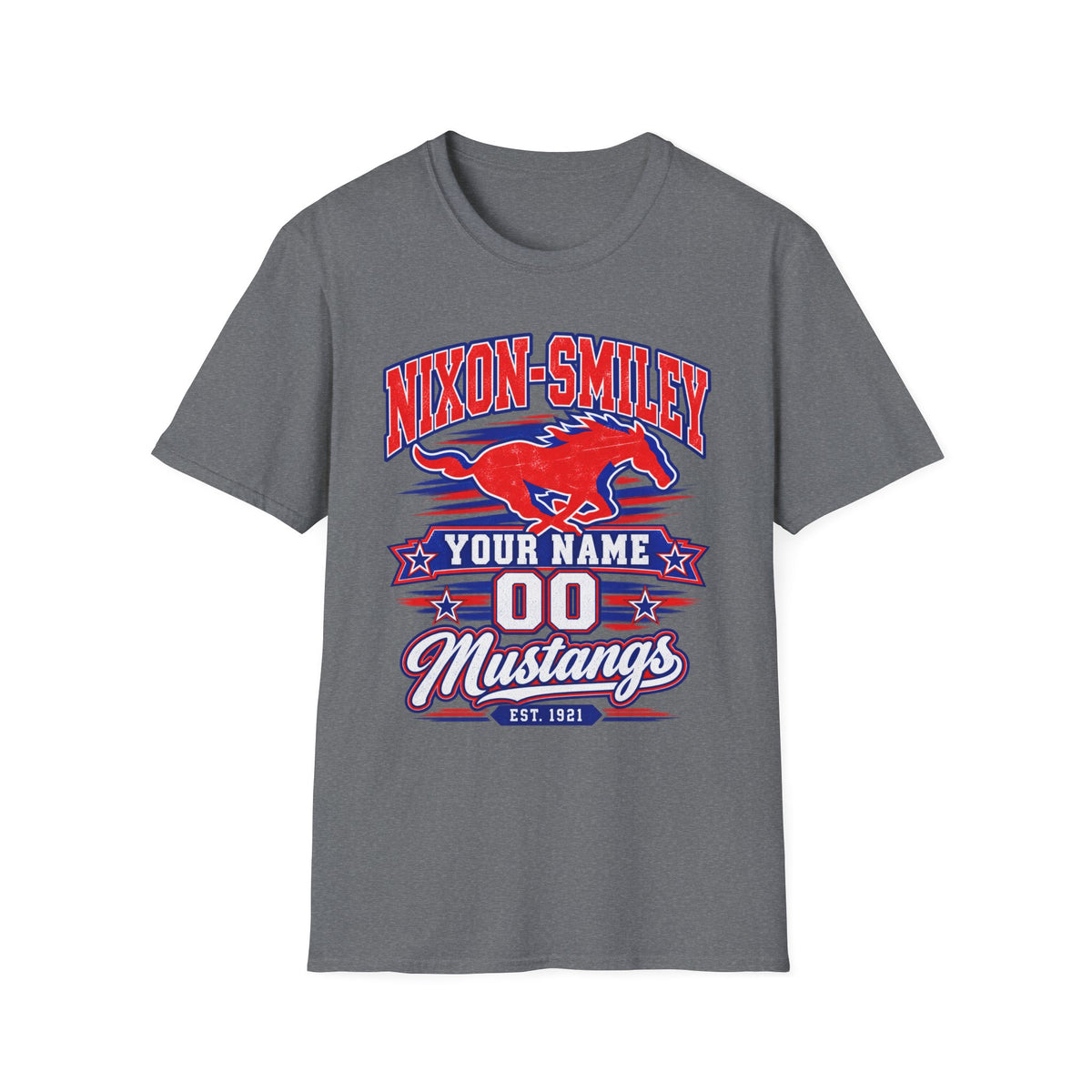 Customizable Mustang Team T-Shirt — 'Nixon-SMiley' Personalized Jersey Tee