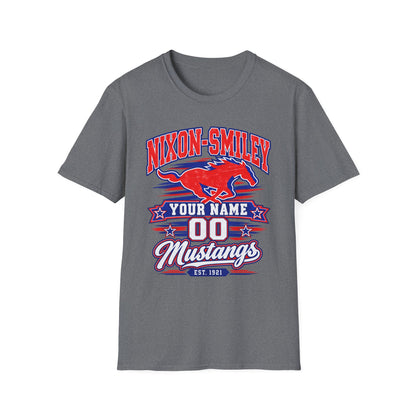 Customizable Mustang Team T-Shirt — 'Nixon-SMiley' Personalized Jersey Tee