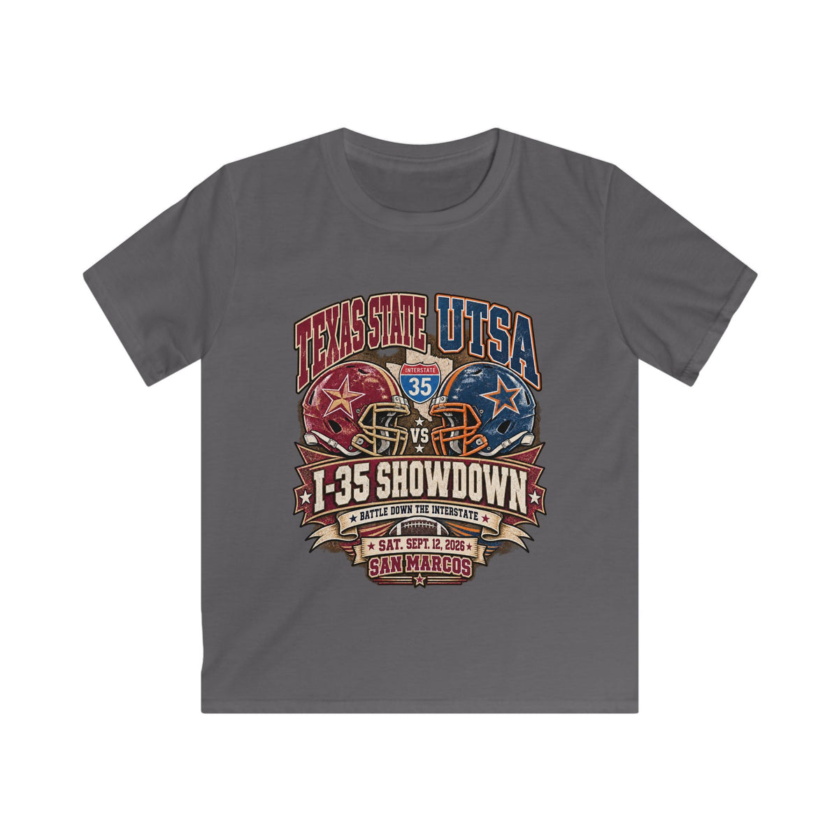 Kids Football Tee – I-35 Showdown Texas State vs UTSA Youth Game Shirt
