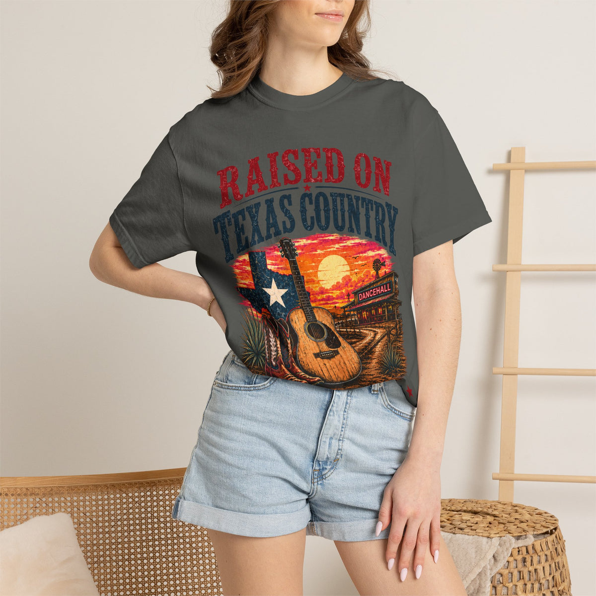 Raised on Texas Country T-Shirt — Gonzales TX Vintage Guitar Sunset Tee