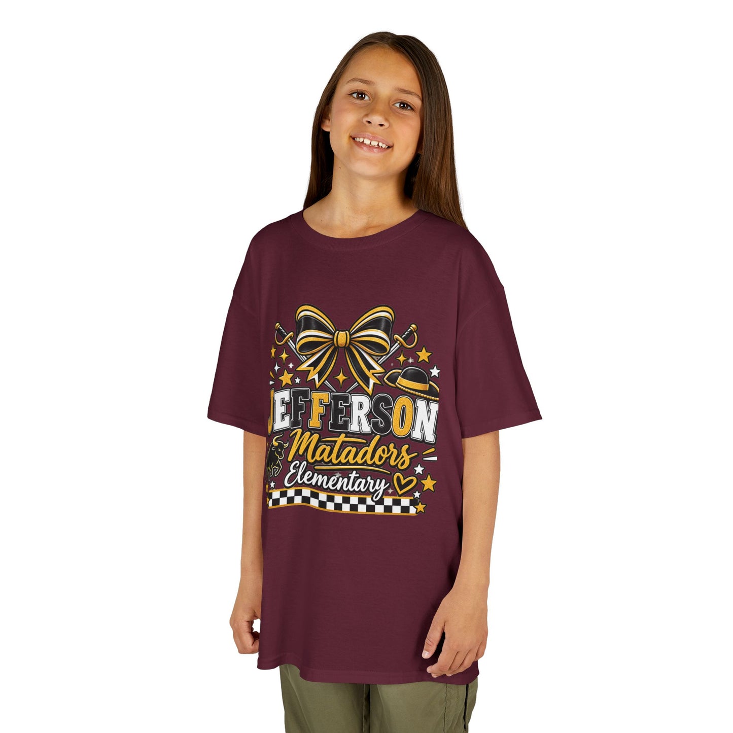 Jefferson Matadors Elementary Kids T-Shirt — School Spirit Bow & Mascot Tee