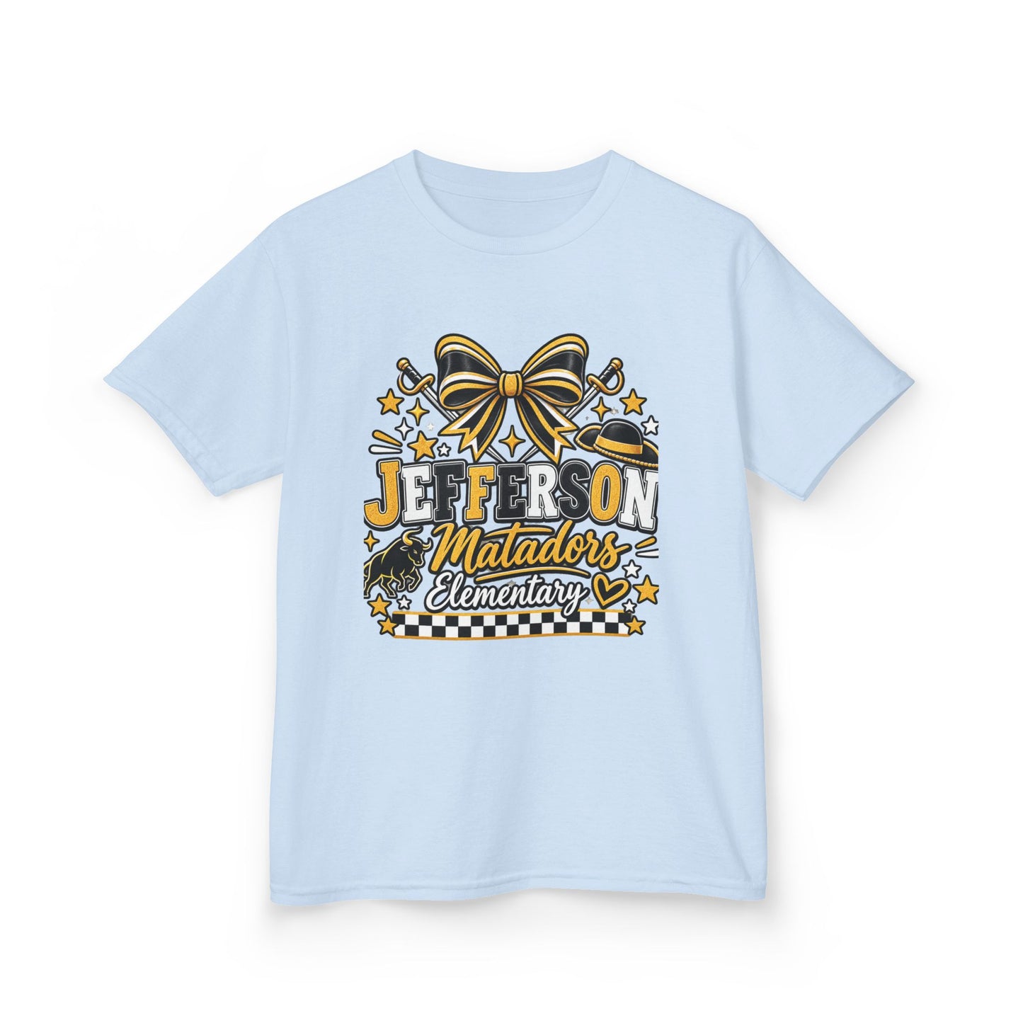 Jefferson Matadors Elementary Kids T-Shirt — School Spirit Bow & Mascot Tee
