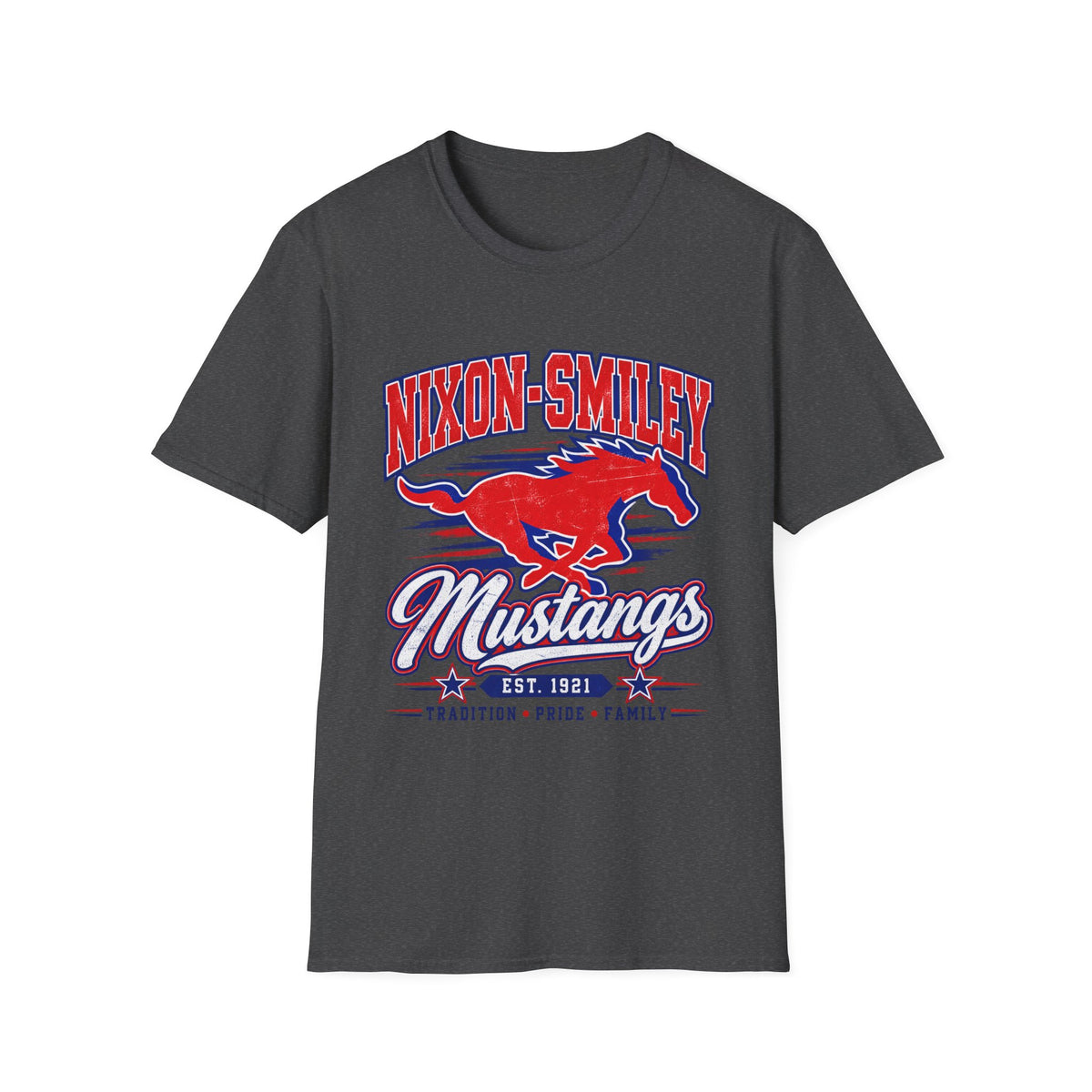 Nixon-Smiley Mustangs Tee — Retro School Mascot T-Shirt