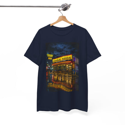 Diner Neon Night T-Shirt — Retro Rainy Cityscape Graphic Tee