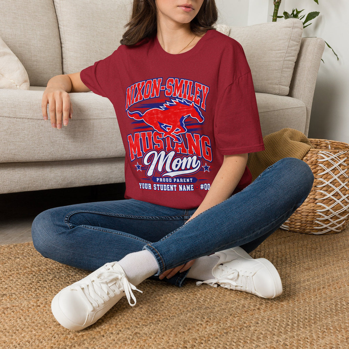 Mustang Mom T‑Shirt — Nixon‑Smiley School Spirit Tee (Customizable Student Name)