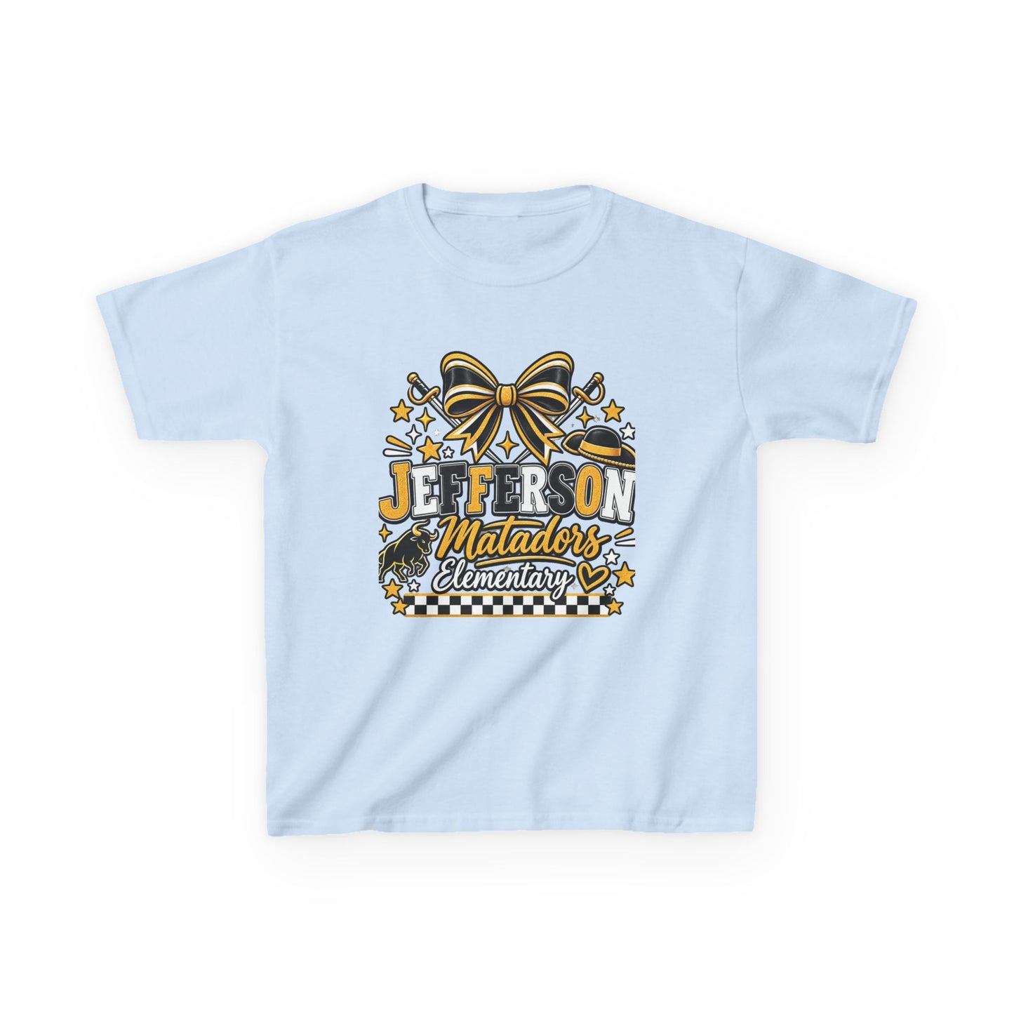 Jefferson Matadors Elementary Kids T-Shirt — School Spirit Bow & Mascot Tee