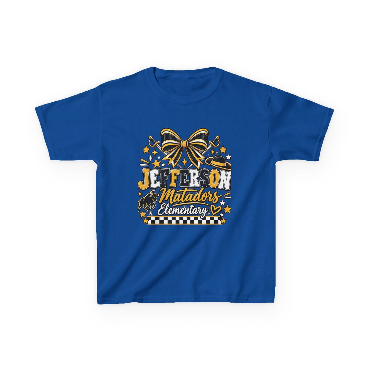 Jefferson Matadors Elementary Kids T-Shirt — School Spirit Bow & Mascot Tee