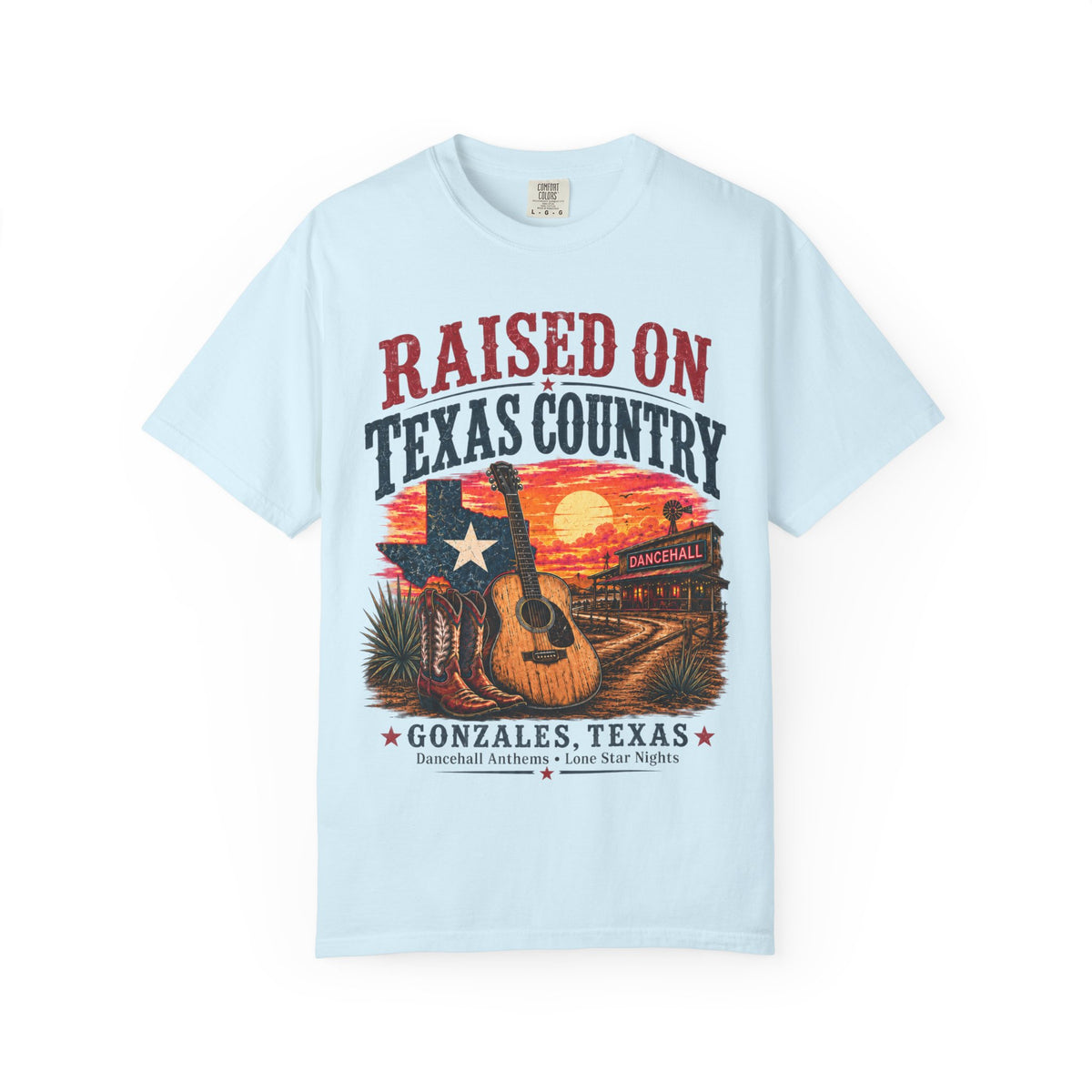 Raised on Texas Country T-Shirt — Gonzales TX Vintage Guitar Sunset Tee