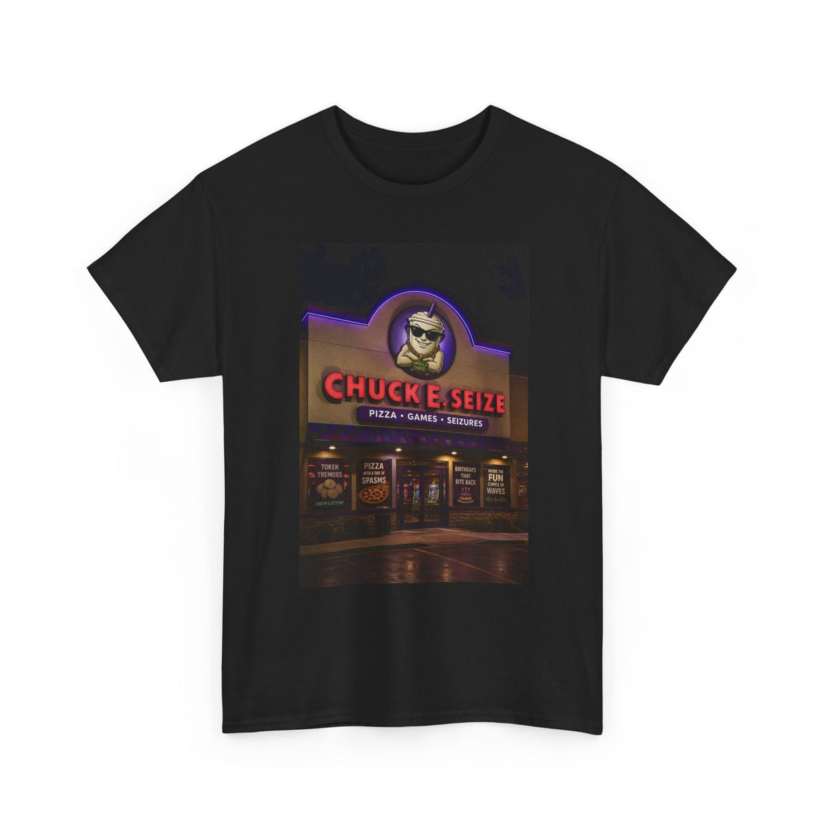 Chuck E Seize Neon Sign T-Shirt — Retro Arcade Pizza Parody Tee