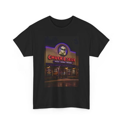 Chuck E Seize Neon Sign T-Shirt — Retro Arcade Pizza Parody Tee