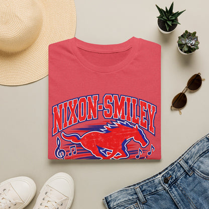 Nixon-Smiley Mustangs Band T-Shirt — Vintage Red Mustang Music Design