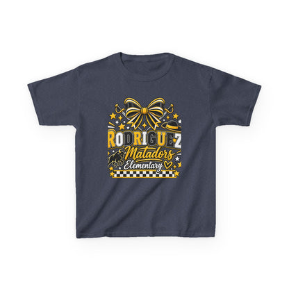 Rodriguez Matadors Elementary Kids T‑Shirt — School Spirit Bow & Mascot Tee