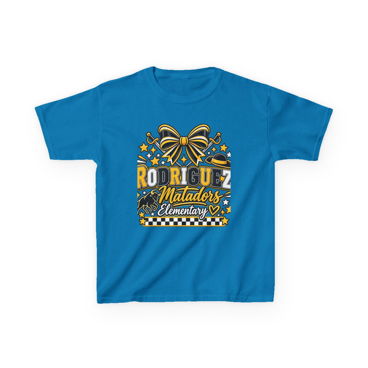 Rodriguez Matadors Elementary Kids T‑Shirt — School Spirit Bow & Mascot Tee