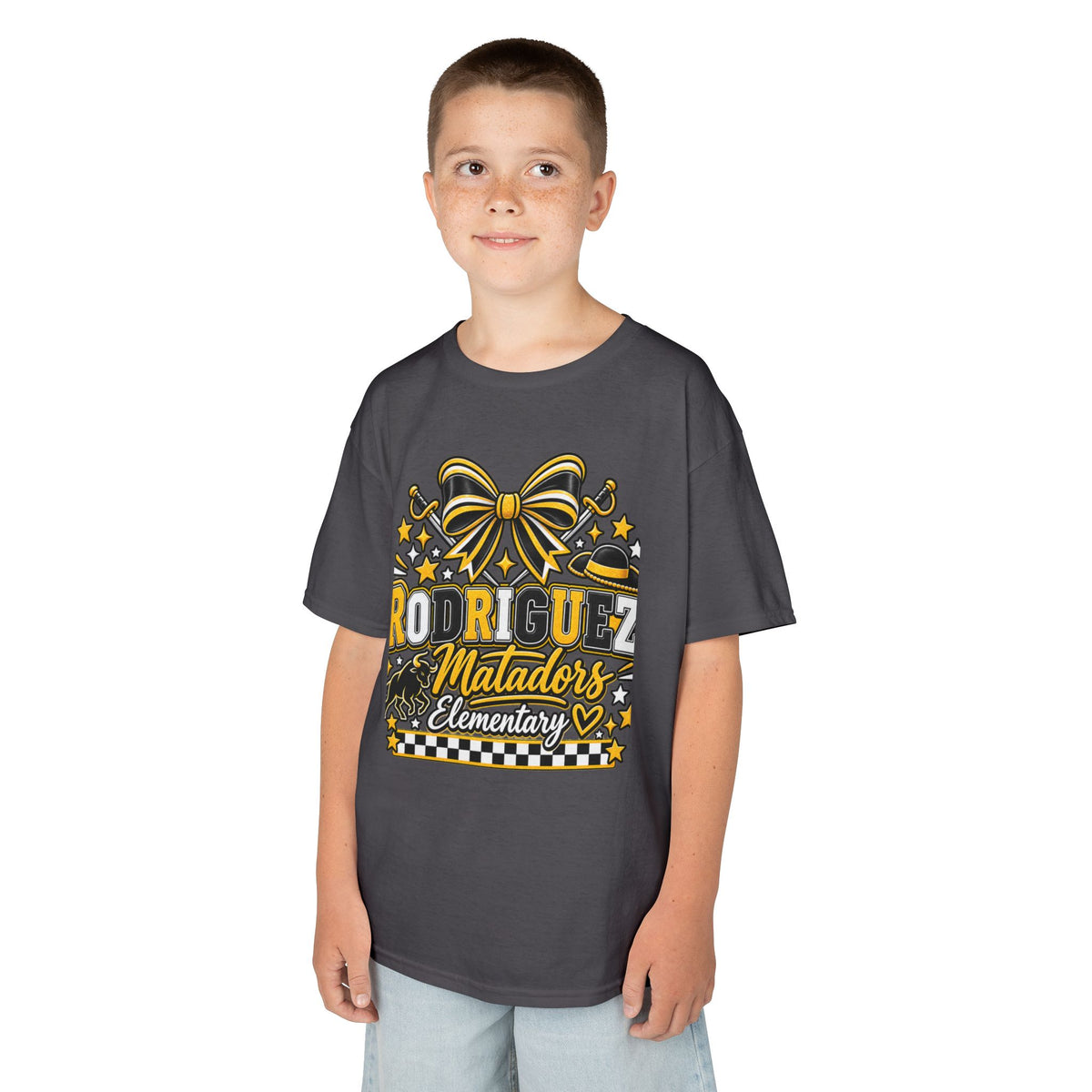Rodriguez Matadors Elementary Kids T‑Shirt — School Spirit Bow & Mascot Tee