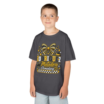 Rodriguez Matadors Elementary Kids T‑Shirt — School Spirit Bow & Mascot Tee